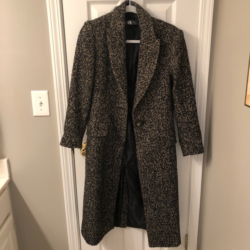 ZARA XS Herringbone Maxi Coat NWOT